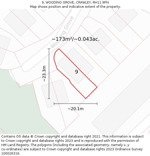 9, WOODING GROVE, CRAWLEY, RH11 9PN: Plot and title map