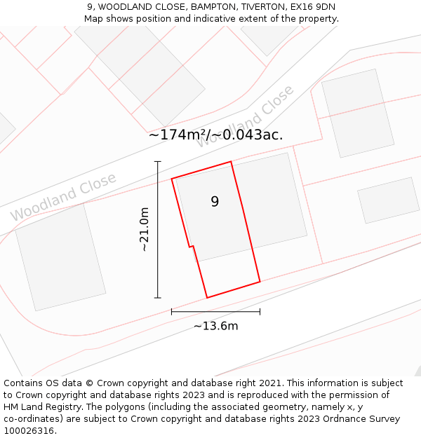 9, WOODLAND CLOSE, BAMPTON, TIVERTON, EX16 9DN: Plot and title map