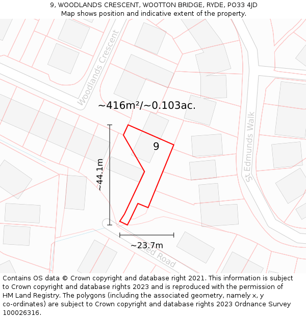 9, WOODLANDS CRESCENT, WOOTTON BRIDGE, RYDE, PO33 4JD: Plot and title map