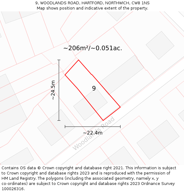 9, WOODLANDS ROAD, HARTFORD, NORTHWICH, CW8 1NS: Plot and title map
