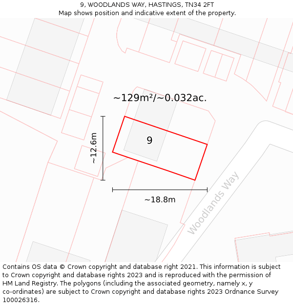 9, WOODLANDS WAY, HASTINGS, TN34 2FT: Plot and title map