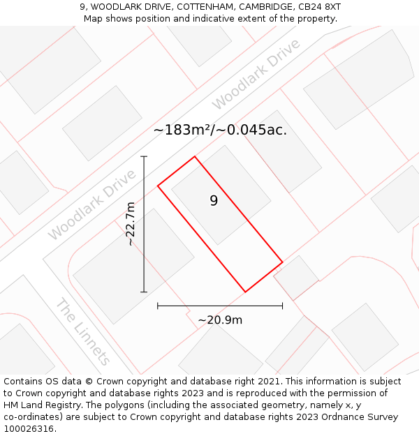 9, WOODLARK DRIVE, COTTENHAM, CAMBRIDGE, CB24 8XT: Plot and title map