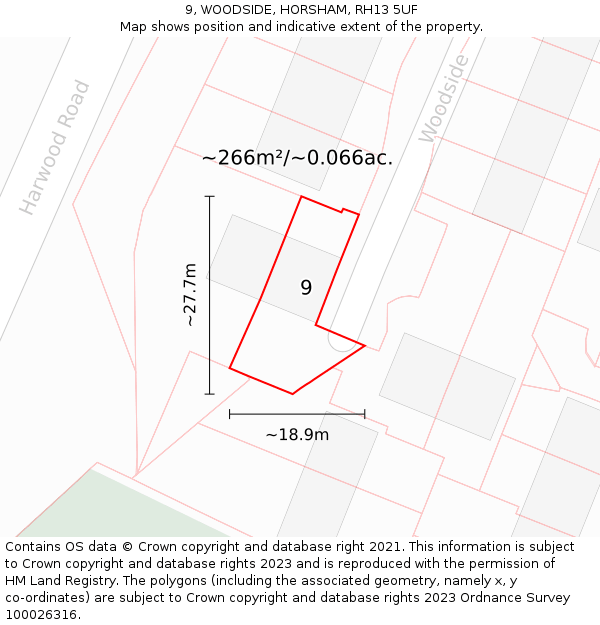9, WOODSIDE, HORSHAM, RH13 5UF: Plot and title map