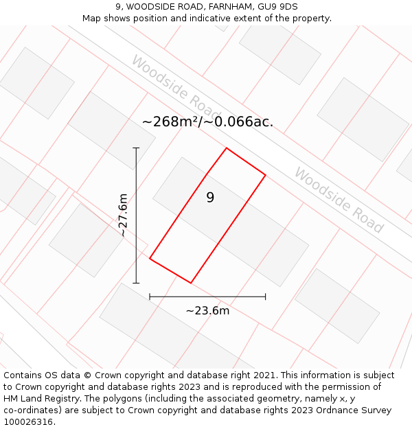9, WOODSIDE ROAD, FARNHAM, GU9 9DS: Plot and title map
