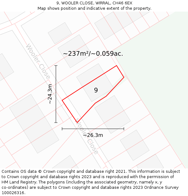 9, WOOLER CLOSE, WIRRAL, CH46 6EX: Plot and title map