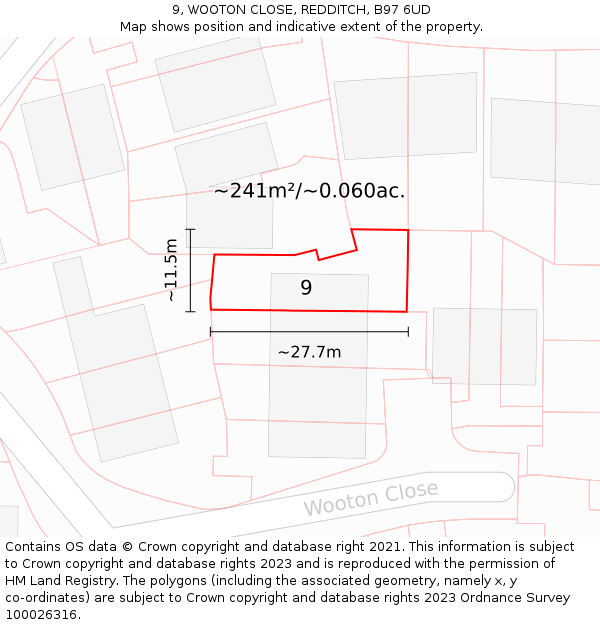 9, WOOTON CLOSE, REDDITCH, B97 6UD: Plot and title map