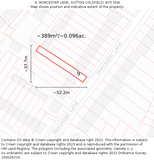 9, WORCESTER LANE, SUTTON COLDFIELD, B75 5NA: Plot and title map