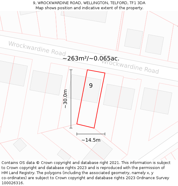 9, WROCKWARDINE ROAD, WELLINGTON, TELFORD, TF1 3DA: Plot and title map