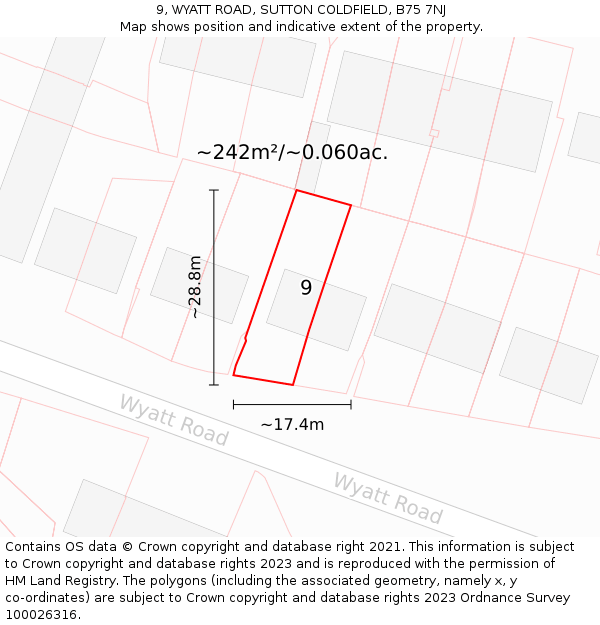9, WYATT ROAD, SUTTON COLDFIELD, B75 7NJ: Plot and title map