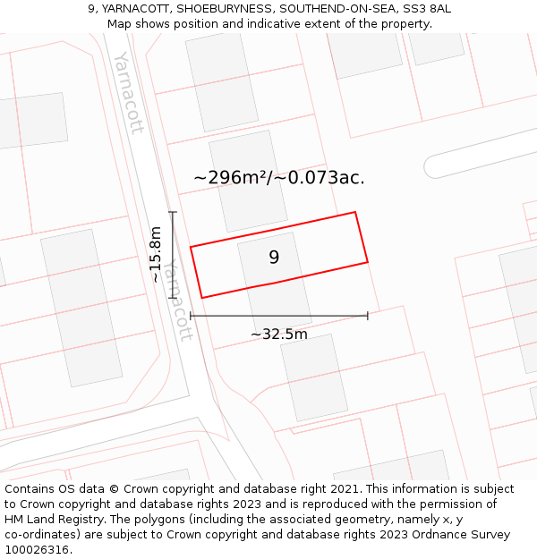 9, YARNACOTT, SHOEBURYNESS, SOUTHEND-ON-SEA, SS3 8AL: Plot and title map