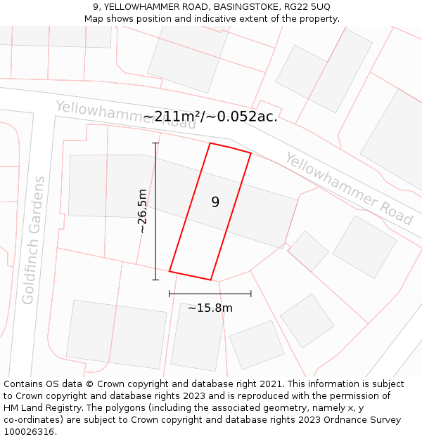 9, YELLOWHAMMER ROAD, BASINGSTOKE, RG22 5UQ: Plot and title map