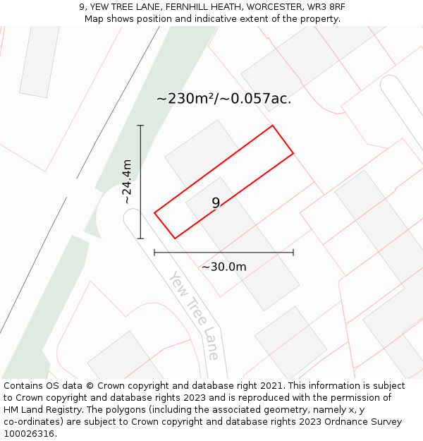 9, YEW TREE LANE, FERNHILL HEATH, WORCESTER, WR3 8RF: Plot and title map