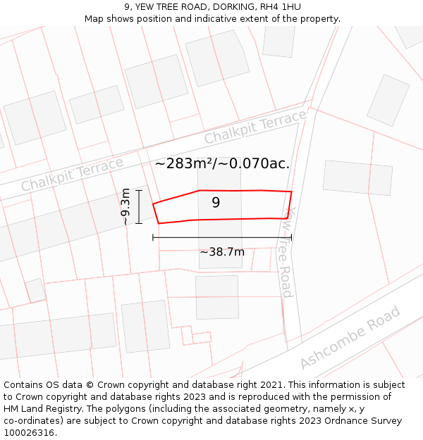 9, YEW TREE ROAD, DORKING, RH4 1HU: Plot and title map