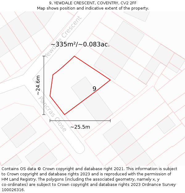 9, YEWDALE CRESCENT, COVENTRY, CV2 2FF: Plot and title map