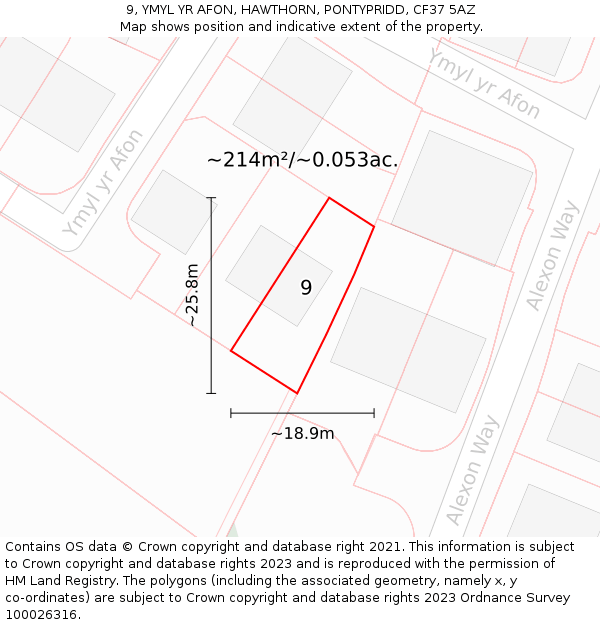 9, YMYL YR AFON, HAWTHORN, PONTYPRIDD, CF37 5AZ: Plot and title map