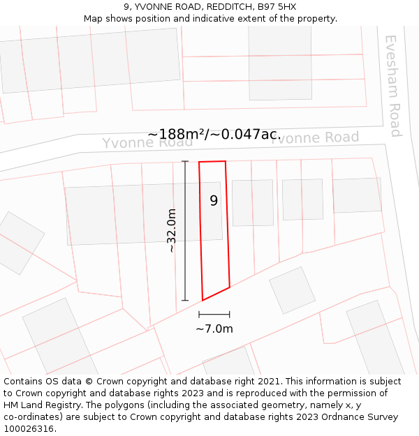 9, YVONNE ROAD, REDDITCH, B97 5HX: Plot and title map