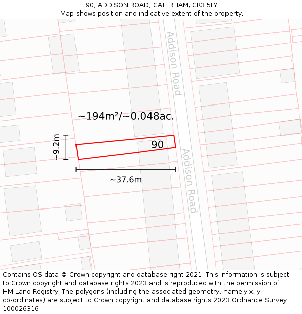 90, ADDISON ROAD, CATERHAM, CR3 5LY: Plot and title map