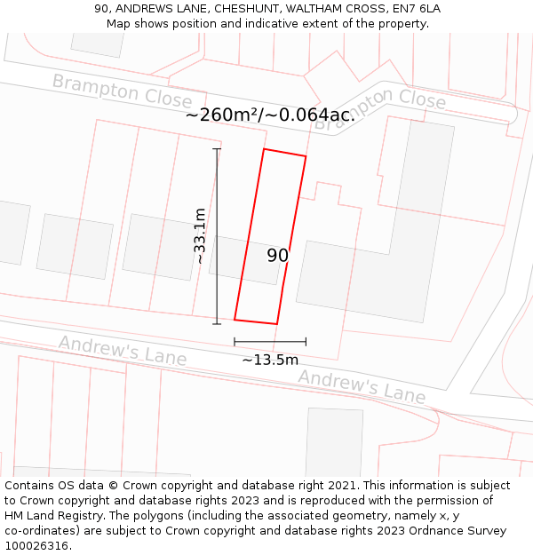 90, ANDREWS LANE, CHESHUNT, WALTHAM CROSS, EN7 6LA: Plot and title map