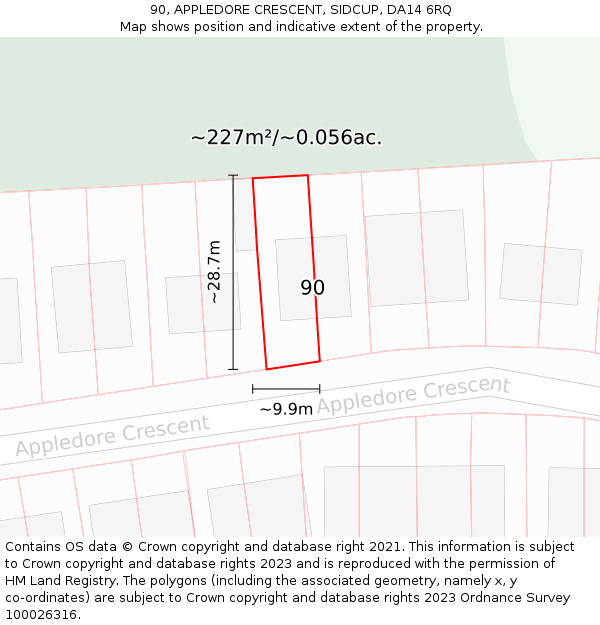 90, APPLEDORE CRESCENT, SIDCUP, DA14 6RQ: Plot and title map