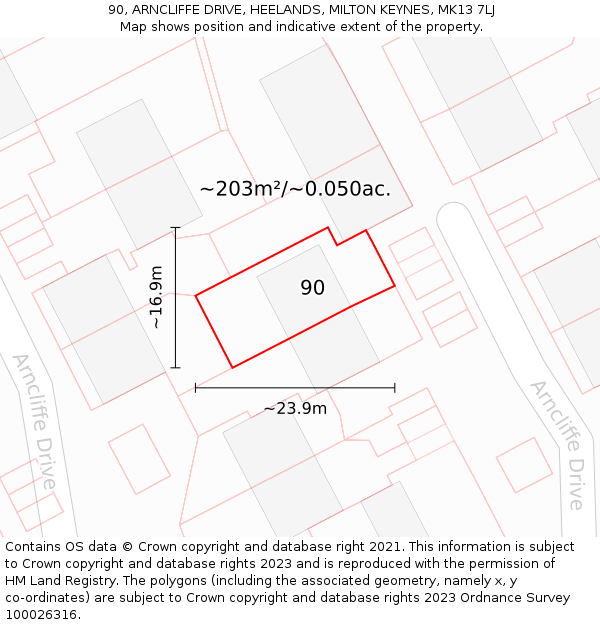 90, ARNCLIFFE DRIVE, HEELANDS, MILTON KEYNES, MK13 7LJ: Plot and title map