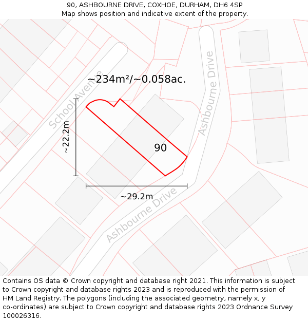90, ASHBOURNE DRIVE, COXHOE, DURHAM, DH6 4SP: Plot and title map