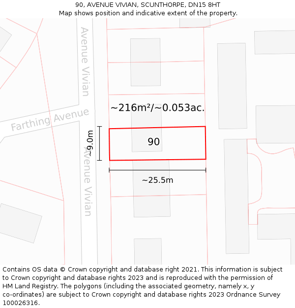 90, AVENUE VIVIAN, SCUNTHORPE, DN15 8HT: Plot and title map