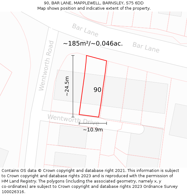 90, BAR LANE, MAPPLEWELL, BARNSLEY, S75 6DD: Plot and title map