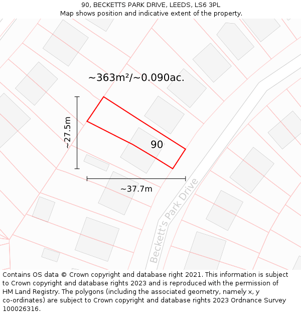 90, BECKETTS PARK DRIVE, LEEDS, LS6 3PL: Plot and title map