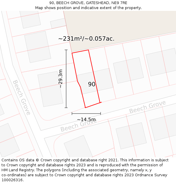 90, BEECH GROVE, GATESHEAD, NE9 7RE: Plot and title map