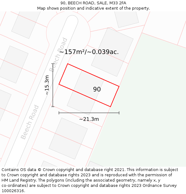 90, BEECH ROAD, SALE, M33 2FA: Plot and title map