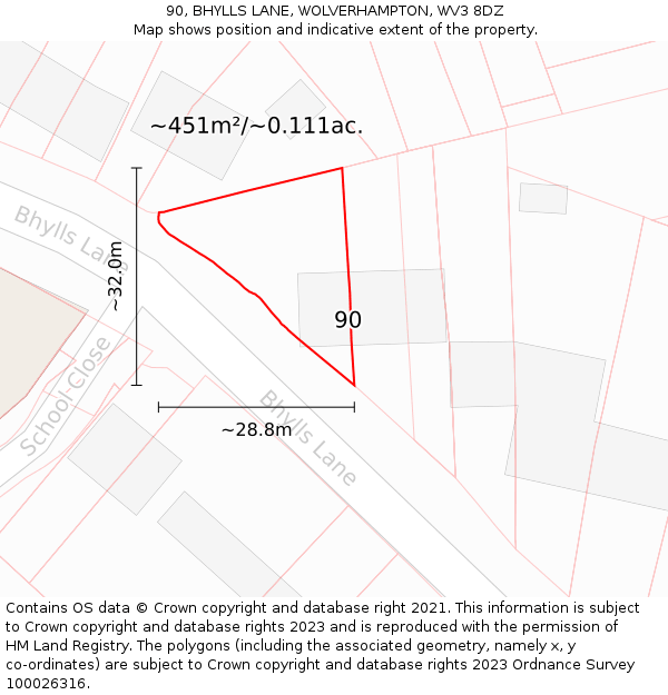 90, BHYLLS LANE, WOLVERHAMPTON, WV3 8DZ: Plot and title map
