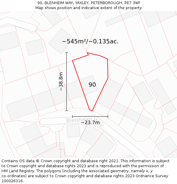 90, BLENHEIM WAY, YAXLEY, PETERBOROUGH, PE7 3WF: Plot and title map