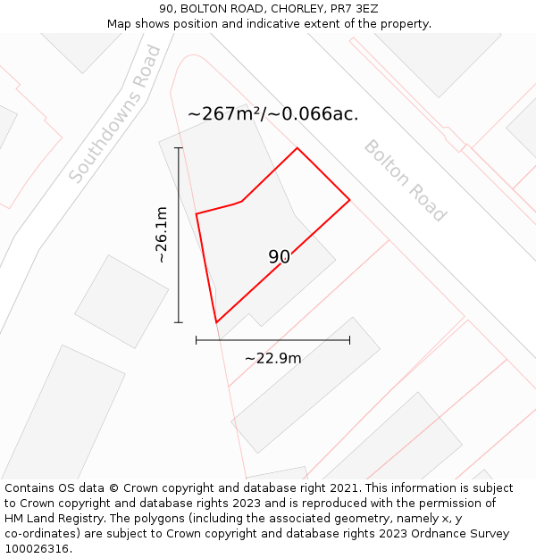 90, BOLTON ROAD, CHORLEY, PR7 3EZ: Plot and title map