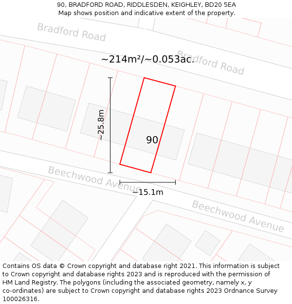 90, BRADFORD ROAD, RIDDLESDEN, KEIGHLEY, BD20 5EA: Plot and title map