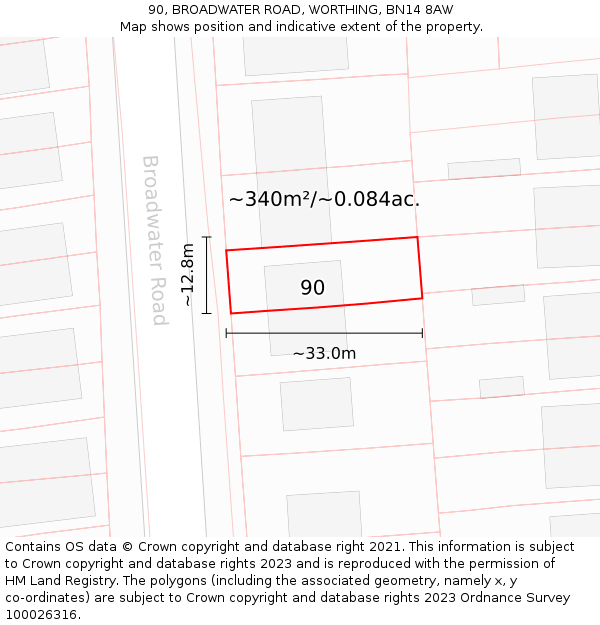 90, BROADWATER ROAD, WORTHING, BN14 8AW: Plot and title map