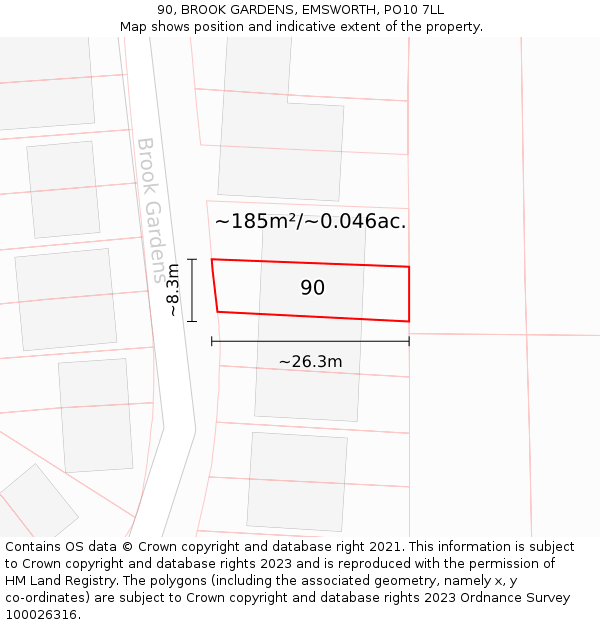 90, BROOK GARDENS, EMSWORTH, PO10 7LL: Plot and title map
