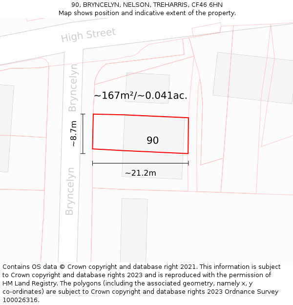 90, BRYNCELYN, NELSON, TREHARRIS, CF46 6HN: Plot and title map