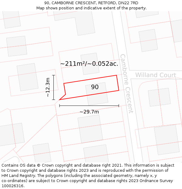 90, CAMBORNE CRESCENT, RETFORD, DN22 7RD: Plot and title map