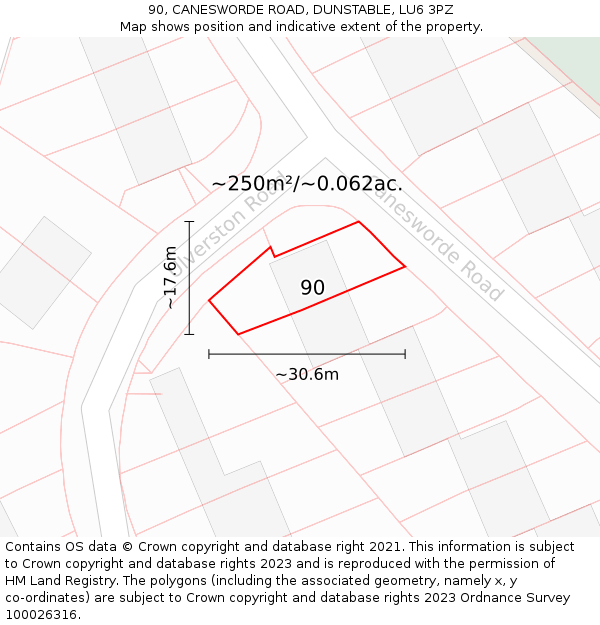 90, CANESWORDE ROAD, DUNSTABLE, LU6 3PZ: Plot and title map