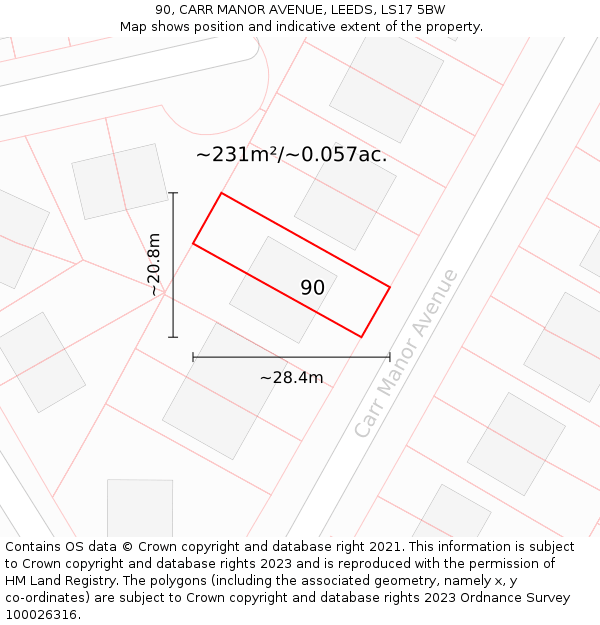 90, CARR MANOR AVENUE, LEEDS, LS17 5BW: Plot and title map