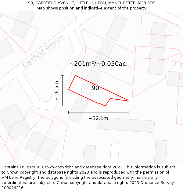90, CARRFIELD AVENUE, LITTLE HULTON, MANCHESTER, M38 0DS: Plot and title map