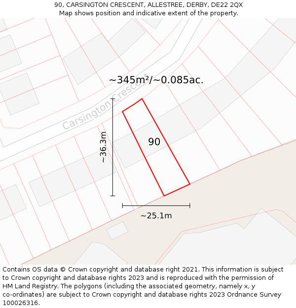90, CARSINGTON CRESCENT, ALLESTREE, DERBY, DE22 2QX: Plot and title map