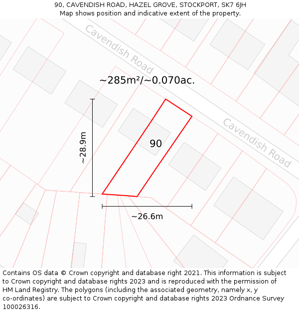 90, CAVENDISH ROAD, HAZEL GROVE, STOCKPORT, SK7 6JH: Plot and title map