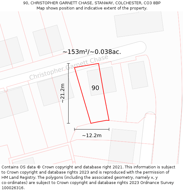 90, CHRISTOPHER GARNETT CHASE, STANWAY, COLCHESTER, CO3 8BP: Plot and title map