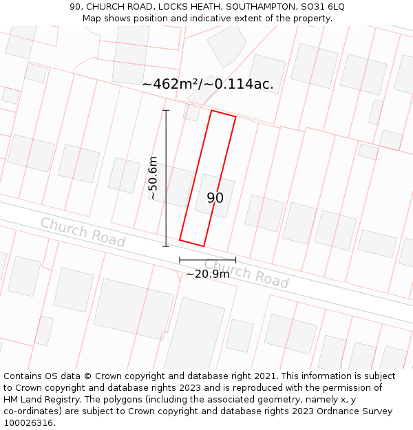 90, CHURCH ROAD, LOCKS HEATH, SOUTHAMPTON, SO31 6LQ: Plot and title map