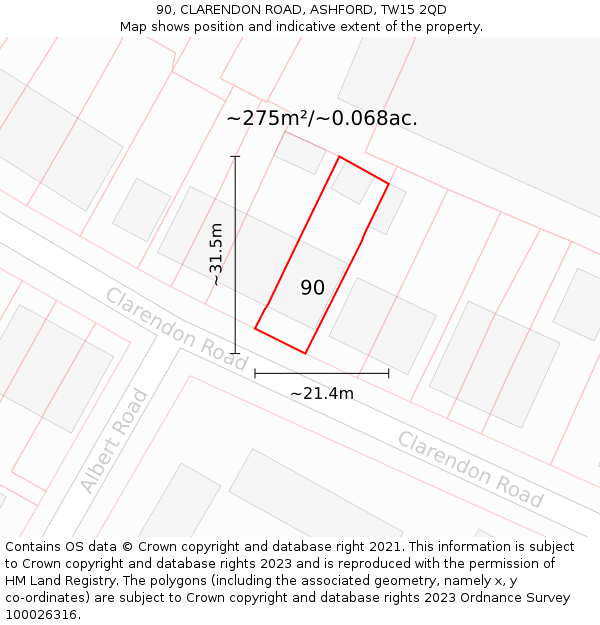 90, CLARENDON ROAD, ASHFORD, TW15 2QD: Plot and title map