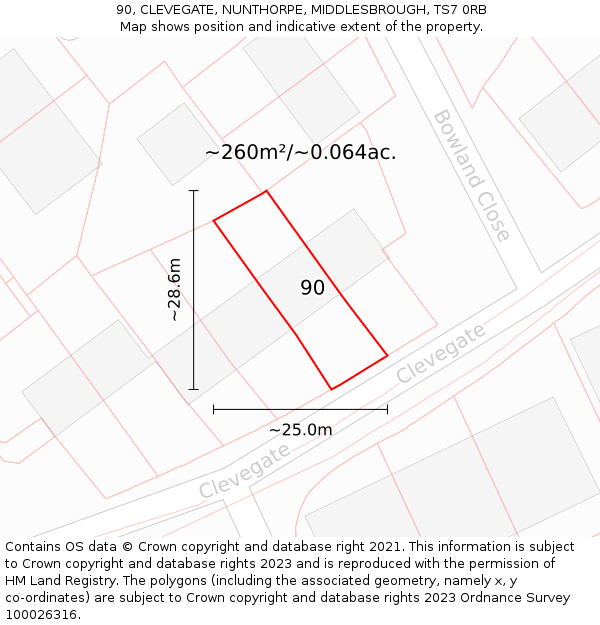 90, CLEVEGATE, NUNTHORPE, MIDDLESBROUGH, TS7 0RB: Plot and title map