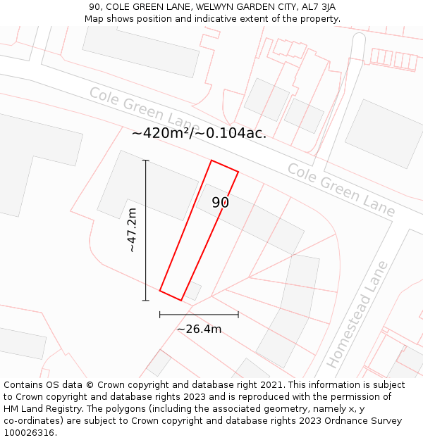 90, COLE GREEN LANE, WELWYN GARDEN CITY, AL7 3JA: Plot and title map