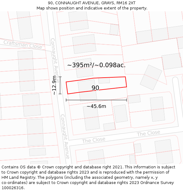 90, CONNAUGHT AVENUE, GRAYS, RM16 2XT: Plot and title map