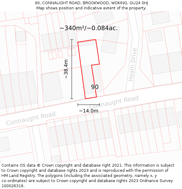 90, CONNAUGHT ROAD, BROOKWOOD, WOKING, GU24 0HJ: Plot and title map